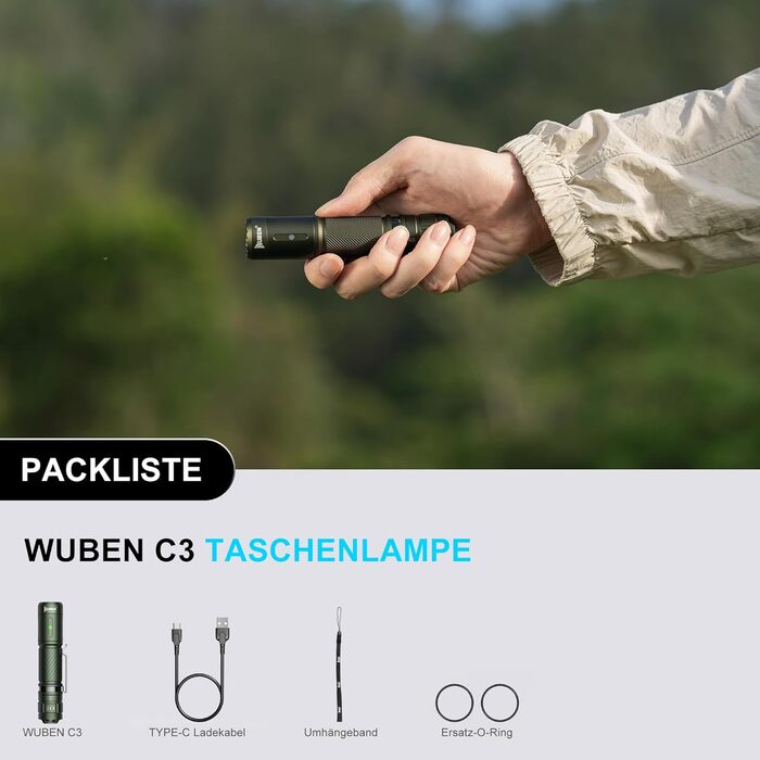 Ліхтарик WUBEN C3 LED: 1200 Люмен, USB-C, IP68, 6 режимів, тактичний, для кемпінгу та надзвичайних ситуацій (зелений)