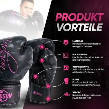 MADGON Боксерські рукавички для жінок - преміум якість, для кікбоксингу, MMA, спарингу, муай-тай, боксу - 10oz, камуфляж/рожевий