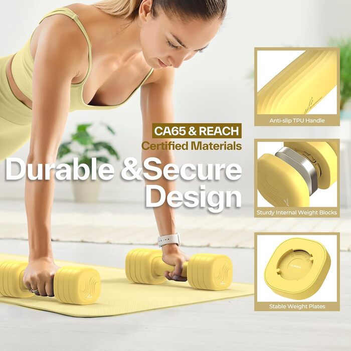 Sportneer Регульовані гантелі для жінок - комплект 2 шт. (вага 1-2.5 кг) з антиковзним TPU-покриттям, 4-в-1 комплект гантелей для фітнесу вдома, домашній спортзал та силові тренування (жовтий)