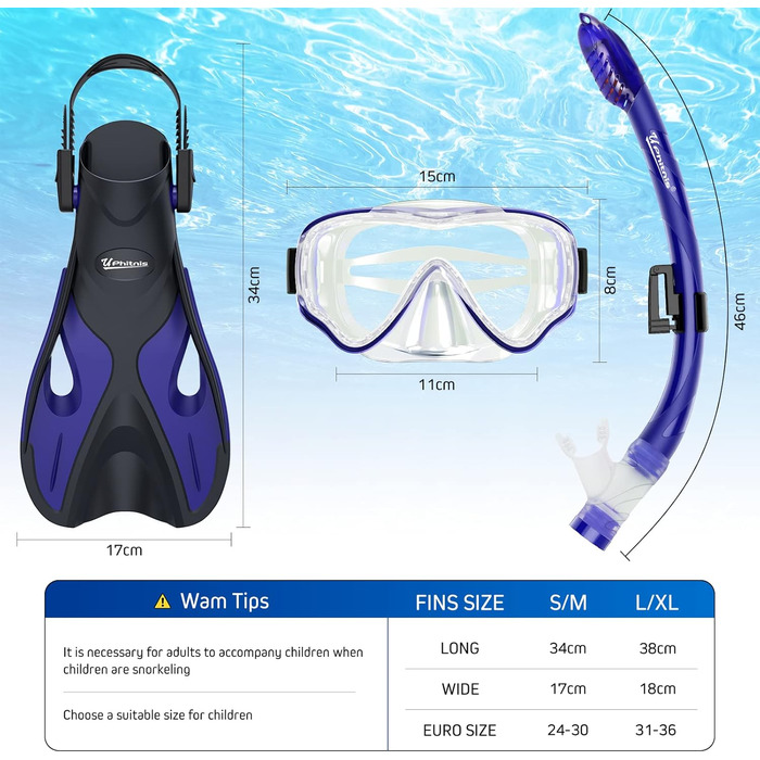 Набір для снорклінгу для дітей з ластами, маска з антизапітнінням 180° панорамний огляд, регульовані плавальні ласти та преміум сухий снорк, 3 в 1 набір для снорклінгу для дітей з сумкою, L/XL(31-36), блакитний