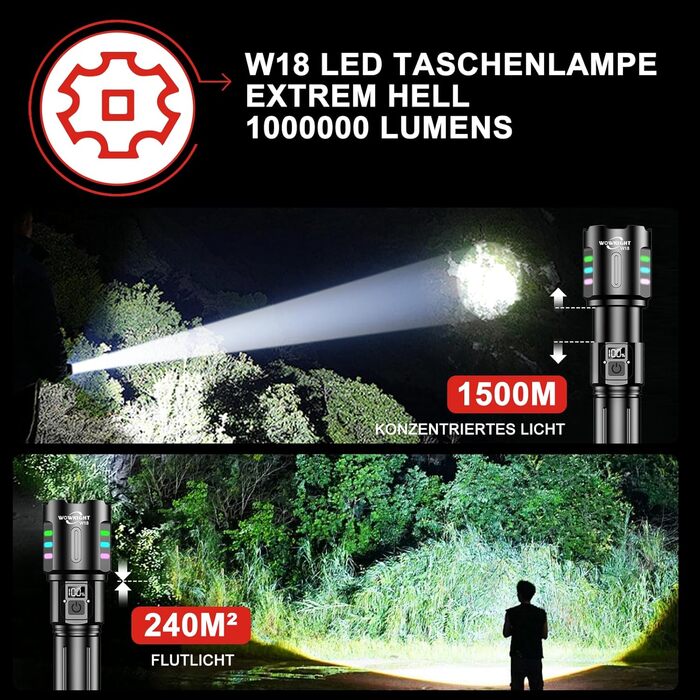 Ліхтарик WOWNIGHT LED акумуляторний, тактичний, 5 режимів, регулювання яскравості, для кемпінгу та надзвичайних ситуацій, чорний