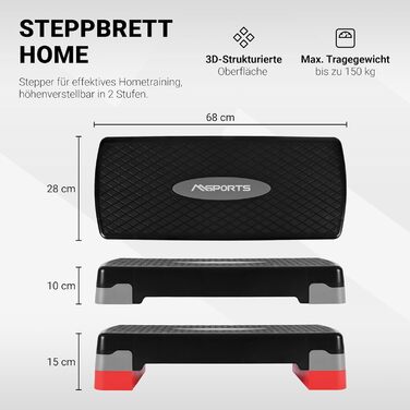 Фітнес степ-платформа MSPORTS для дому, регульована висота, чорна, з плакатом вправ та безкоштовним додатком