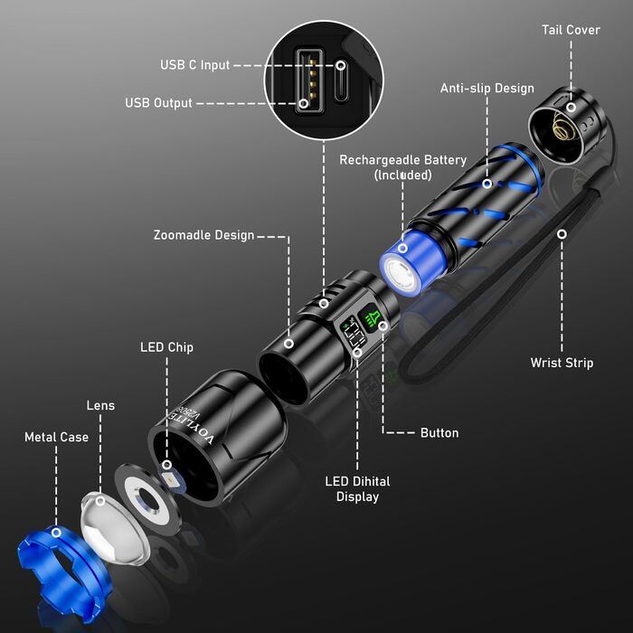 Ліхтар LED акумуляторний Voylite 500000 люмен з LCD-дисплеєм, 5000 mAh, 3 режими, Zoom, для кемпінгу та відпочинку на природі (чорний)