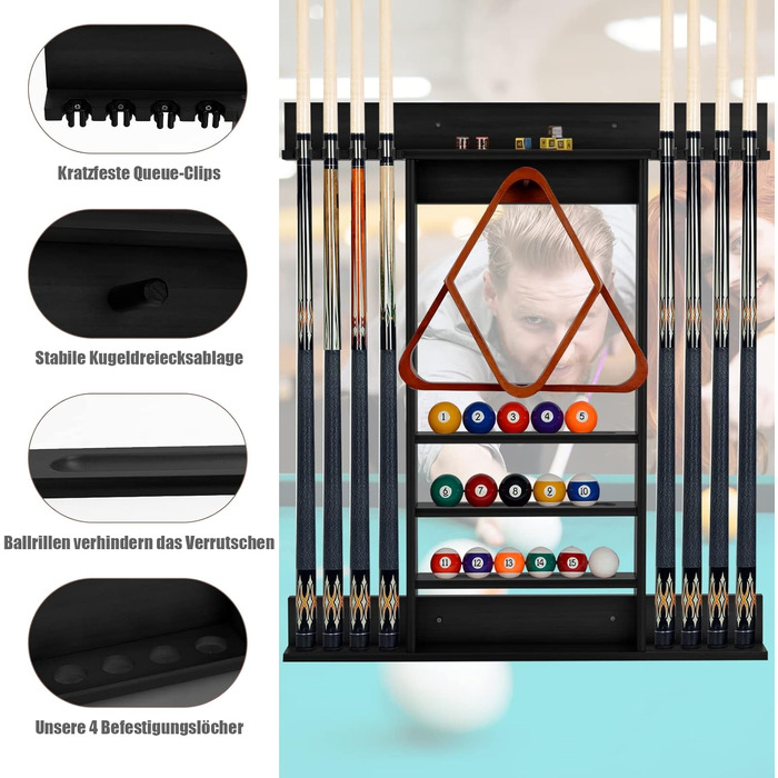 Стійка для київ GYMAX для 8 київ та аксесуарів для більярду, настінна, з дерева, для більярдних кімнат та клубів, 79 x 8 x 91 см (чорний)