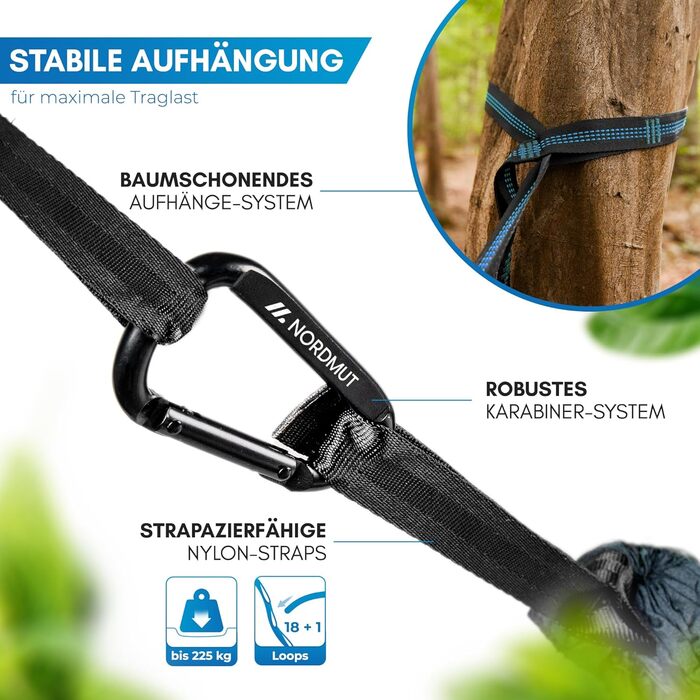 Гамак NORDMUT® Ultraleicht Outdoor з комплектом кріплень. Гамак для кемпінгу, відпочинку на природі та в саду. Максимальне навантаження 300 кг. Зелений (140x275 см, Синій)