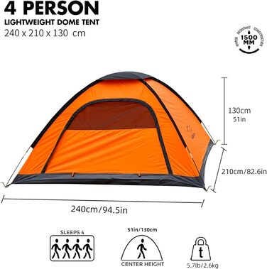 Намет для кемпінгу SAFACUS на 3-4 особи: легкий, стабільний, водонепроникний, з вентиляцією та захистом від комарів (помаранчевий)