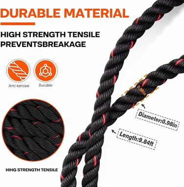 Важкий скакальний трос, фітнес-канат, бойові троси, 280 см / 0,6 кг, вага 280 см / 0,6 кг, тренувальний трос з ручками для розвитку сили, м'язів та загальної фізичної форми (Чорний/Червоний)