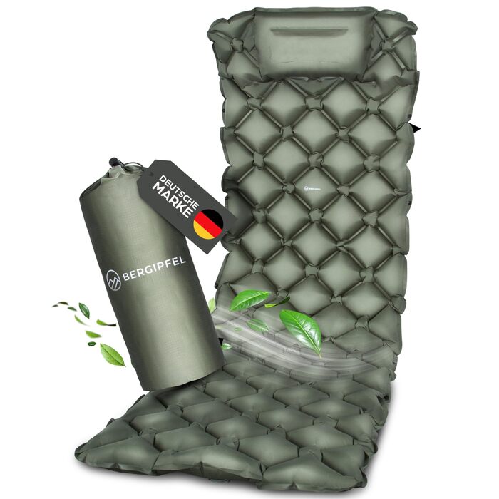 Надувна ізольована килимок 7,5 см – Ultraleicht, компактна, з інтегрованим насосом – легкий кемпінговий килимок, ідеальний для відпочинку на природі, виживання та трекінгу, зелений