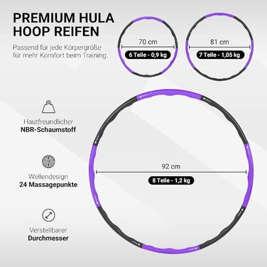 Преміум хулахуп з піною, регульований, для фітнесу та схуднення, 6-8 сегментів, знімний, фіолетово-антрацитовий