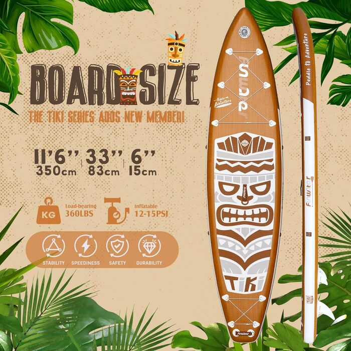 Надувна SUP-дошка FunWater Retro Tiki 11'6''x33'' з подвійною помпою, веслом, сидінням, ременем для перенесення, коричнево-біла, 3 роки гарантії, екстра довга та широка