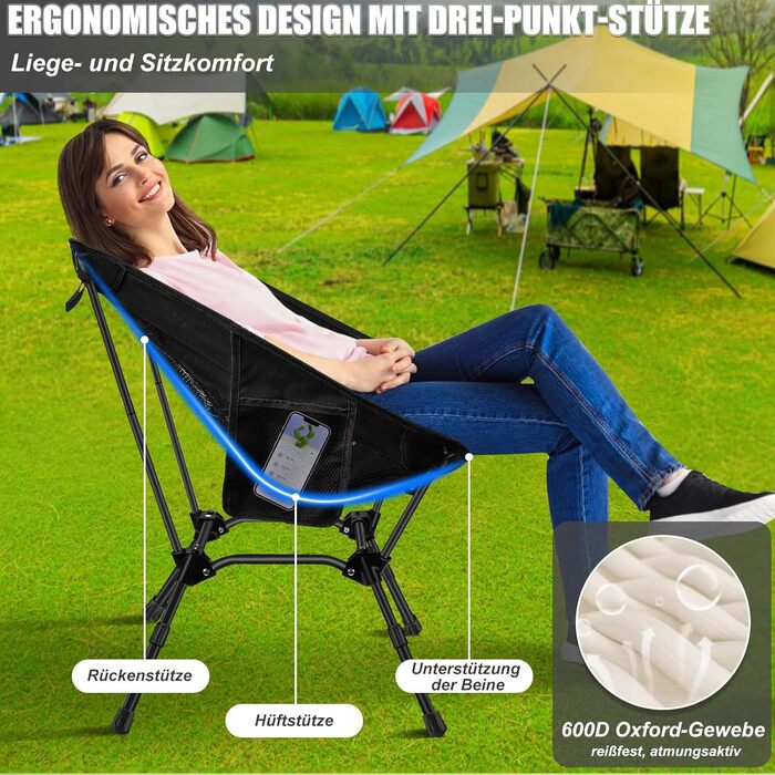 Складний туристичний стілець IEEILULU, 130 кг, чорний. Легкий стілець для кемпінгу, пікніка, риболовлі, відпочинку на природі та подорожей.
