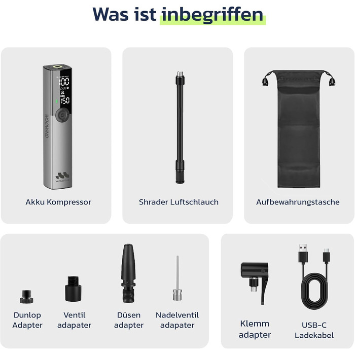 Електрична велосипедна помпа Woowind Ventus Ride: 150 PSI, 10.3 Bar, універсальні клапани (Presta, Schrader, Dunlop)
