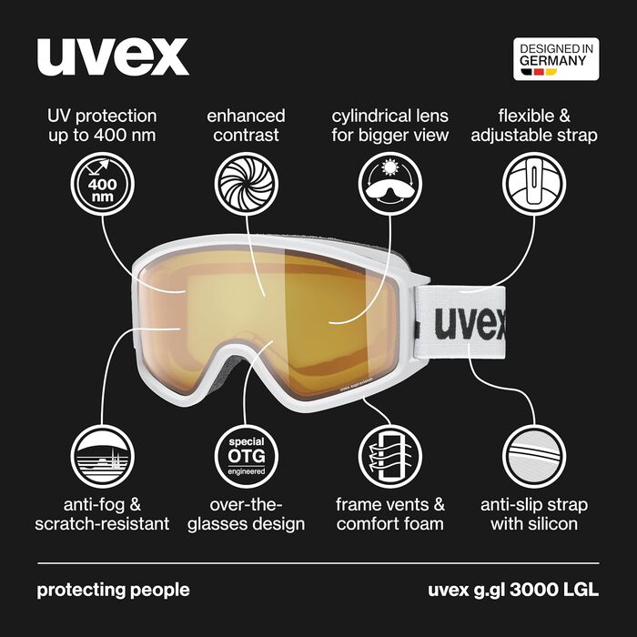 Гірськолижна маска Uvex g.gl 3000 LGL унісекс, біла матова з лінзою LaserGold Lite-Blue, посилення контрасту та захист від запотівання