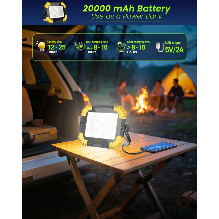 LED прожектор на акумуляторі CLV 200W, 20000mAh, IP66, вологостійкий, 4 режими, 2 рівні яскравості, для кемпінгу, USB, сонячна панель, для будівництва, жовтий