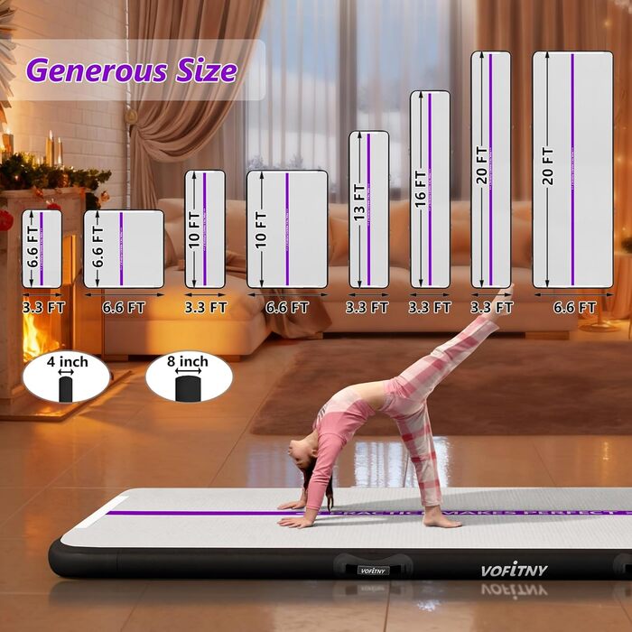 Гімнастичний надувний мат VOFiTNY товщиною 10/20 см для дому, парку та води. Розміри: 3/4/5/6 м. Підходить для йоги, акробатики та тренувань. Кольори: фіолетовий/чорний