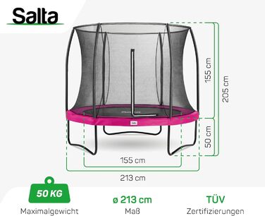 Трамплін Salta Comfort Edition (різні діаметри) – ⌀183/213/251/305/366/396/427cm – сертифікат TÜV – зелений/рожевий – круглий вуличний/садовий трамплін, комплект з пружинами, захисним покриттям та сіткою