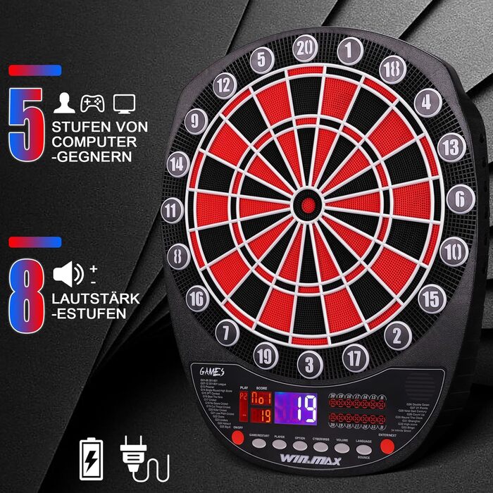 Електронний дартс WIN.MAX Profi Set: 34 гри, 354 варіанти, 3 мови (Deutsch, English, Français) + 12 дротиків