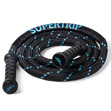 Скакалка з обтяженням для фітнесу Supertrip Upgrade з обертовими ручками 360°, важка скакалка для тренування м'язів усього тіла, 1.5 кг, чорно-синя, 3 м