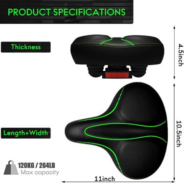 Широке велосипедне сідло Oversized для жінок та чоловіків. Комфортне, водонепроникне сідло з світловідбивальною смугою. Підходить для Peloton, фітнес-велосипедів, круїзерів та міських велосипедів. Чорний / білий (чорний / зелений)
