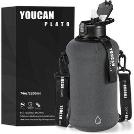Спортивна пляшка для води Youcan Plato 2 л з трубочкою та чохлом, BPA Free, для газованої води, сіра, фітнес, спортзал