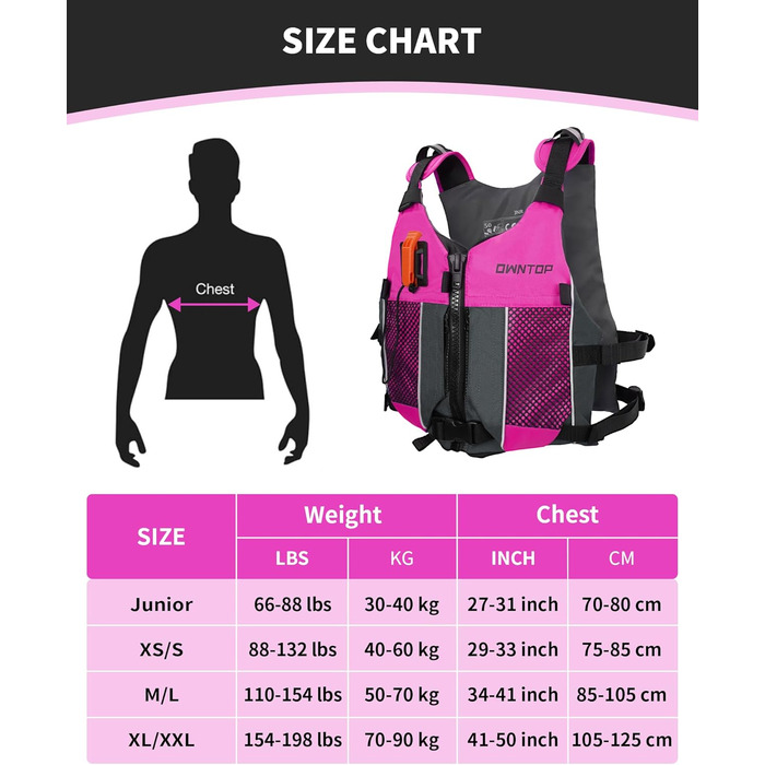 Рятувальний жилет Owntop для дорослих та юнаків з пискликом та рюкзаком для води, сітчастими кишенями, регульований, легкий, унісекс, для SUP, каякінгу, риболовлі, всіх водних видів спорту, рожевий, XS/S (40-60 кг)
