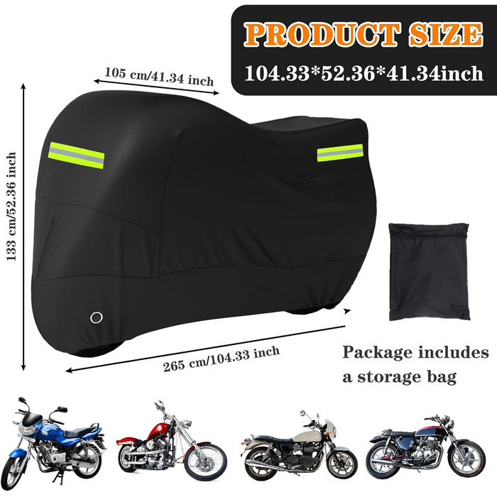 Захисний чохол для мотоцикла Motorrad - водонепроникний, зимостійкий, з відбиваючими смугами (245x105x125 / 265x105x133 см)