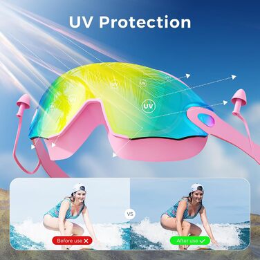Окуляри для плавання унісекс, дорослі, з UV-захистом та антифогом (рожеві/золотисті лінзи)