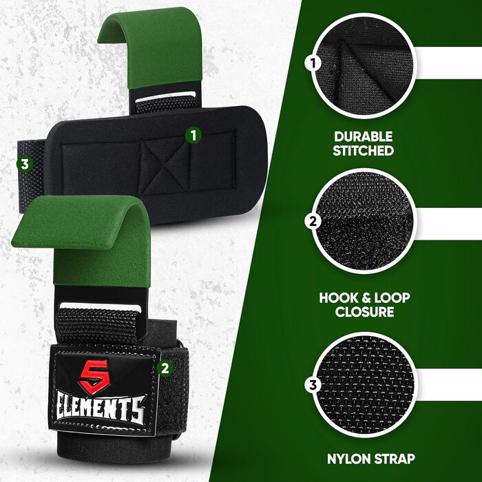 Набори для тяги 5 Element: Допоміжні петлі для силових тренувань (пара) - гачки для тяги, обладнання для чоловіків та жінок, 8 мм неопрен, для важкої атлетики, підтягувань, вправ на плечі, армійний зелений