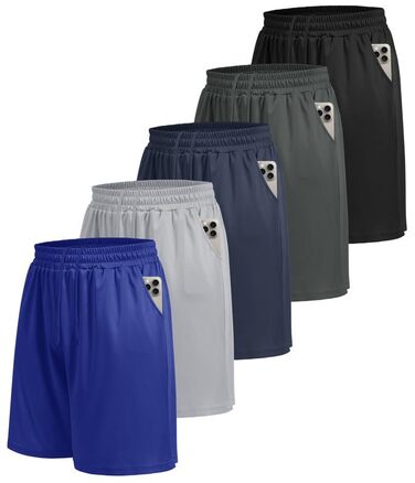 5 пар спортивних шортів для чоловіків: короткі шорти з кишенями, швидковисихаючі, для тренувань, джогінги, для залу, баскетболу (чорний/темно-сірий/темно-синій/світло-сірий/темно-морський, S)