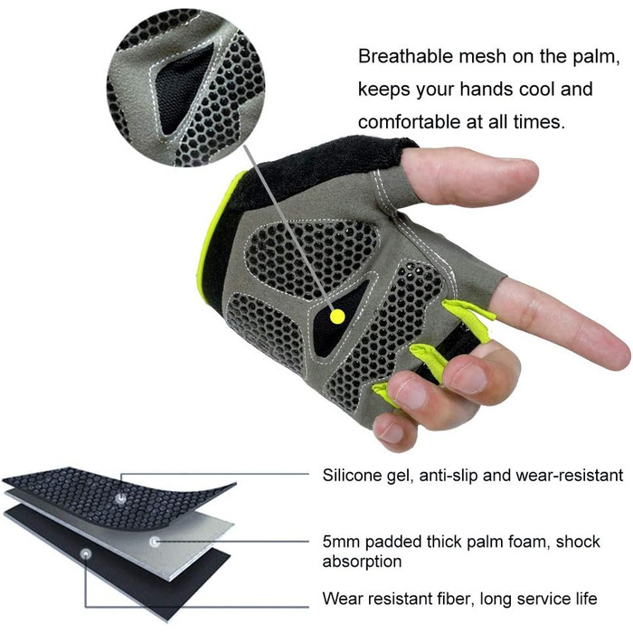 Велосипедні рукавички для чоловіків MTB, рукавички для тренувань та велоспорту, напівпальцеві. Підходять для шосе та гірського велосипеда, силових тренувань. Зручні літні рукавички для чоловіків та жінок (2#Чорний та зелений-M)