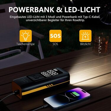 Електричний насос Tccbac 12V 7800mAh, портативний компресор 150PSI з LED підсвіткою, манометром та Powerbank для авто, мотоцикла, велосипеда і м'ячів