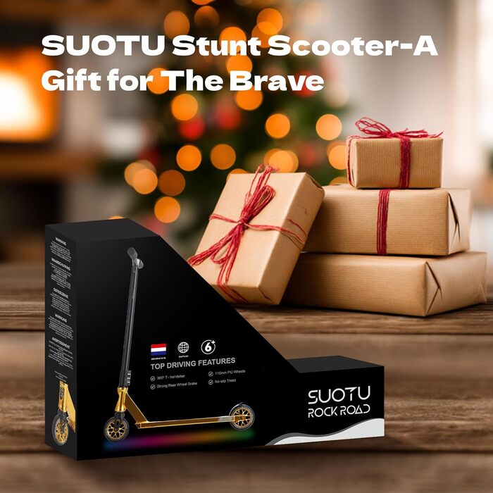 SUOTU Професійний стент-скутер, 360° кермування, роликовий скейт з колесами 110 мм 85A PU, для дітей, підлітків та дорослих, вантажопідйомність 100 кг, алюміній, чорний – золотий
