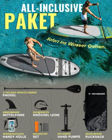 Надувна SUP-дошка HEYBOARD 320x81x15 см з аксесуарами: рюкзак, регульоване весло, ручний насос, страхувальний шнур, знімний плавник