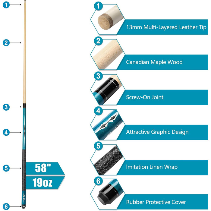 Більярдний кий Pool Queue 58 дюймів з канадського клена, 13 мм наконечник, для професійних гравців, 1/2 Maple, 18oz (блакитний)