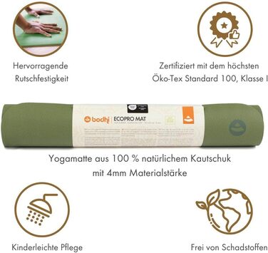 Йога-мат Bodhi ECO PRO 100% натуральний каучук, екологічний, антиковзкий, професійний для йоги та пілатесу, 185x60x0,4 см, зелений
