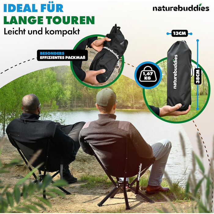 Крісло для кемпінгу Nature Buddies® Faltbar: Легке, компактне, розкладне, до 150 кг | Стільці для риболовлі, відпочинку на природі, фестивалів, туризму | Чорний