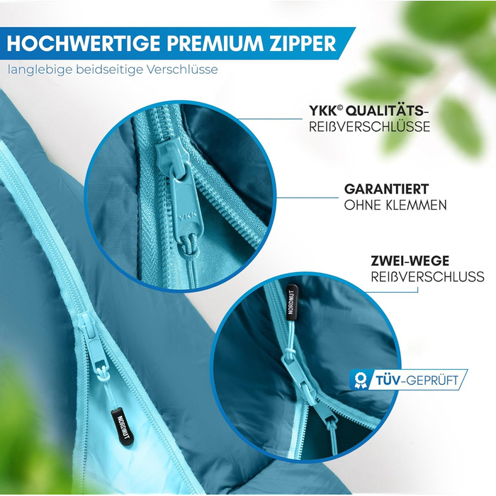 Сплячий мішок NORDMUT® для дорослих – компактний та ультралегкий (900/1500г) – на 3 сезони (250 GSM) & літній спальний мішок (100 GSM) – ковдриний спальник для кемпінгу, відпочинку на природі та фестивалів, сіро-блакитний
