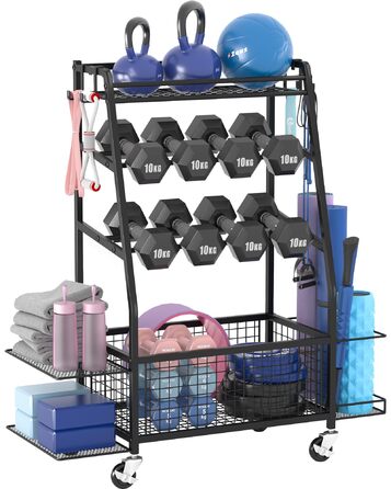 Підставка для гантелей розширена для дому - стійка для тренувань з 4 колесами та зручним зберіганням з обох сторін, чорна