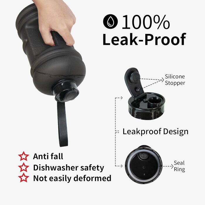 Фляга TOOFEEL 2л BPA Free, велика спортивна фляга, з позначеннями об'єму - матовий чорний (2200 мл)