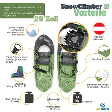 Снігоступи outdoorer SnowClimber M 25'' із підйомною п'ятою та кріпленням, для активних прогулянок, зелені