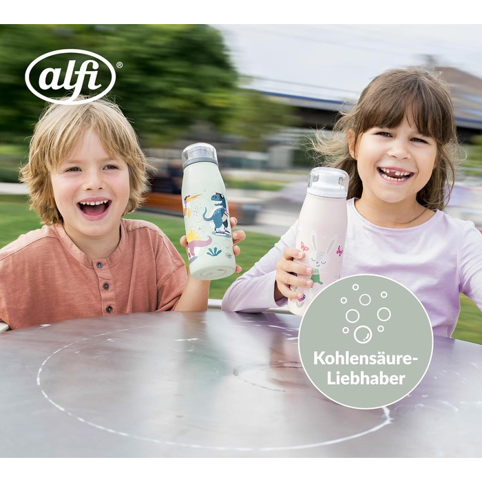 Дитяча термобутилка alfi KIDS ISO 350 мл, зелена з динозаврами, з нержавіючої сталі, ізольована, герметична, з гвинтовою кришкою, зберігає тепло 12 годин, холод 24 години, підходить для газованих напоїв, BPA-free