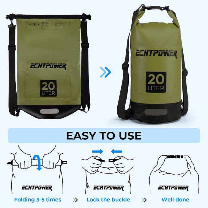 Водонепроникний мішок ECHTPower Dry Bag 20L: мішок для плавання, каякінгу, SUP (зелений)