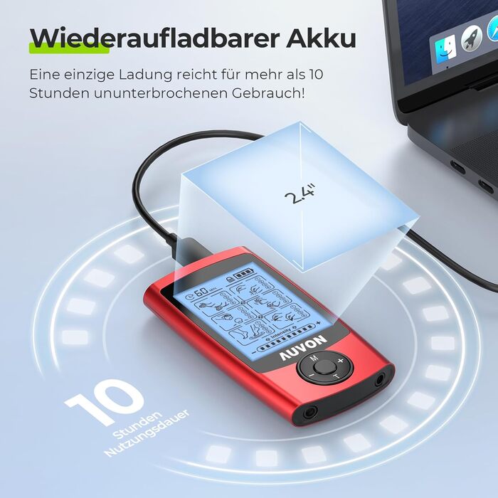 AUVON TENS пристрій для зняття болю: реінотерапія з 24 програмами, 2 канали, 12 електродів, EVA-сумка