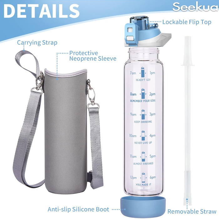 Скляна спортивна пляшка Seekua 1 л з трубочкою і часовою розміткою, BPA Free, герметична, з чохлом, для води, смузі, фруктів, газованих напоїв
