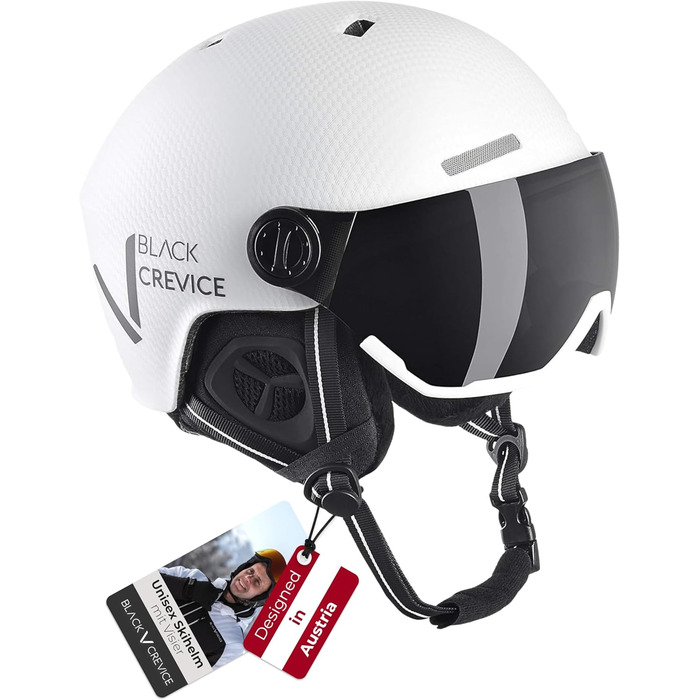 Шолом гірськолижний BLACK CREVICE Kaprun з візором, унісекс | Шолом для сноуборду та лиж, S/M (54-57), білий матовий карбон / чорний, дихаючий, регульований