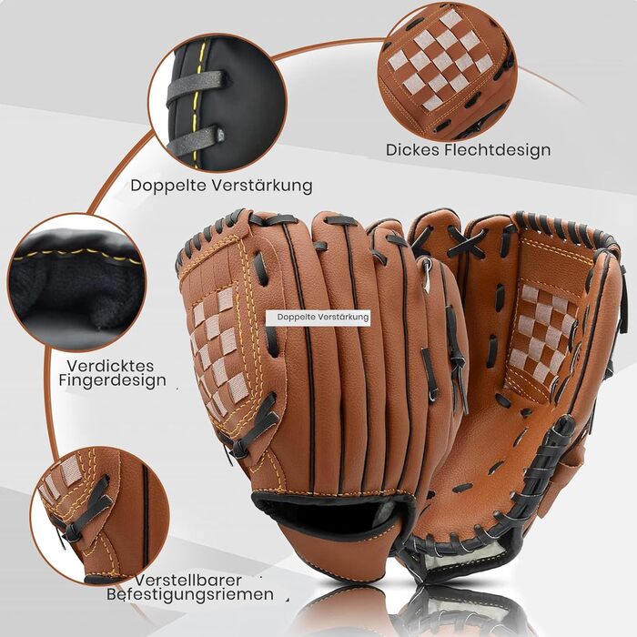 Рукавиця для бейсболу та софтболу Recht Hand 12.5 дюймів, коричнева, для дорослих, з м'ячем для тренувань та змагань