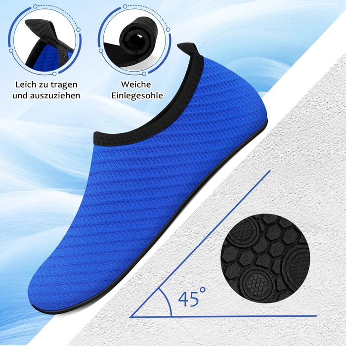 Чоловічі та жіночі аквашузи для плавання та водних видів спорту, легкі, швидковисихаючі, з антиковзким покриттям, блакитна лінія, 42/43 EU