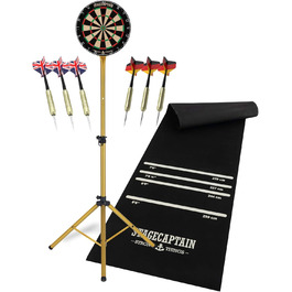 Stagecaptain DBS-1715 Bullseye Pro комплект для дартсу: професійна стілдардс дошка з сизалю, гумовий килимок, регульована стійка, 6 дротиків, 4 комплекти оперень, золото