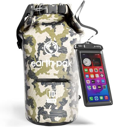 Водонепроникний мішок Earth Pak Dry Bag 10L – міцний рюкзак для каякінгу, кемпінгу, риболовлі та рафтингу (камуфляж, зелений)