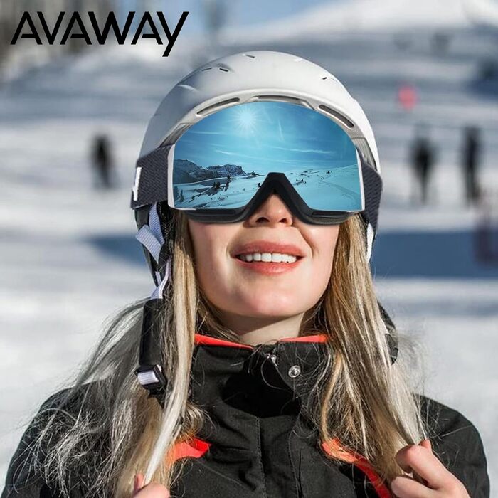 Лижна маска AVAWAY для окулярів, чоловіча та жіноча, магнітна змінна лінза, OTG, UV-захист, сумісна з шоломом, антифог, сферична, дзеркальна, A5, біла рамка / льодово-блакитна лінза, VLT 15%